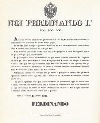 L'imperatore Ferdinando I il 15 marzo 1848 concede libertà di stampa e permette la formazione della guardia nazionale   