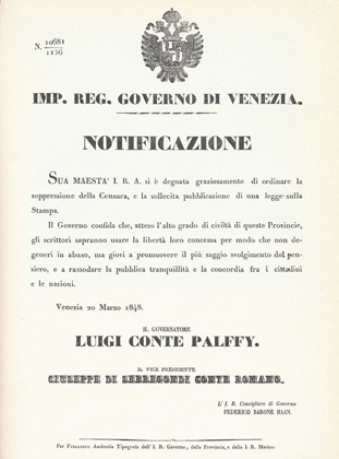 Notificazione del governatore austriaco di Venezia - 20 marzo 1848