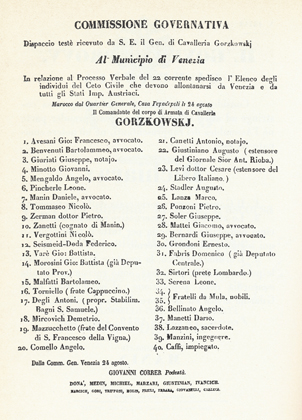 Elenco dei quaranta cittadini costretti all'esilio dopo la resa di Venezia - 24 agosto 1849