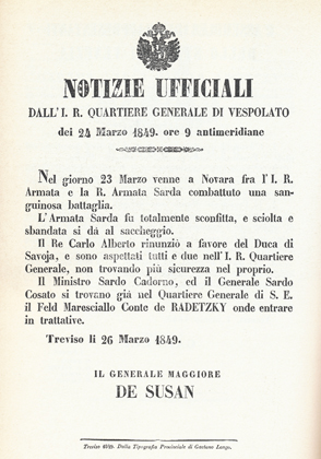 Annuncio austriaco della sconfitta piemontese a Novara - 26 marzo 1849