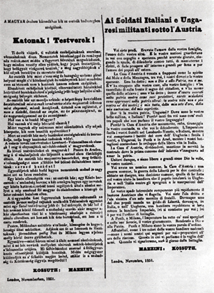 Proclama bilingue ai soldati ungheresi e italiani militanti sotto l'Austria, firmato da G. Mazzini e G. Kossuth che provoc a Milano linsurrezione del 6 febbraio 1853