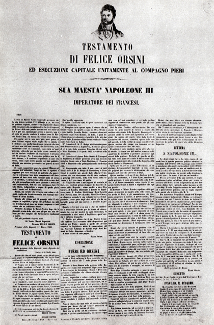 Testamento di Felice Orsini ed esecuzione capitale unitamente al compagno Pieri  1858 ca 
