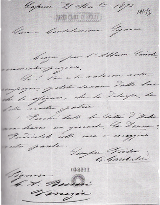 Lettera di Giuseppe Garibaldi a Gualberta Adelaide Beccaria - 1873