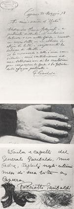 La mano di Garibaldi fotografata da G. E. Curatolo sul foglio cui il nizzardo aveva scritto: 