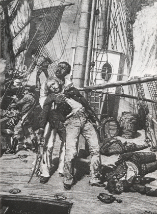 Garibaldi ferito in un combattimento navale  Illustrazione tratta da J  W  Mario, Garibaldi e i suoi tempi, Treves, Milano - 1884