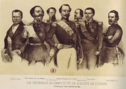 La tavola contiene una serie di ritratti dei protagonisti dei fatti del 1859-1860 (Cavour, Vittorio Emanuele II, Napoleone III, il principe Napoleone, Garibaldi, Cialdini e Canrobert)  1860 ca 