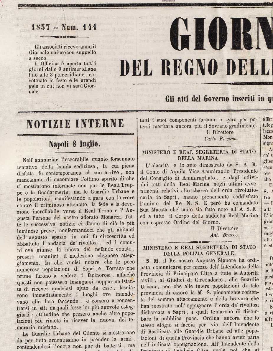 Il Giornale delle Due Sicilie riporta il resoconto della spedizione di Sapri - 8 luglio 1857 