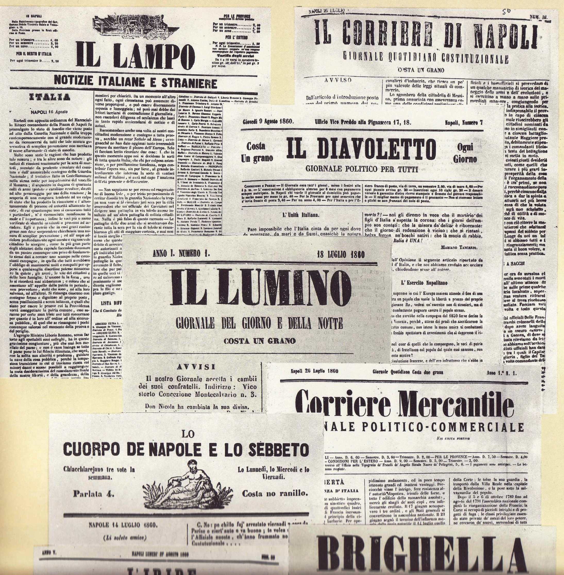 Alcuni giornali napoletani durante la spedizione dei Mille, poco prima dell'arrivo di Garibaldi 