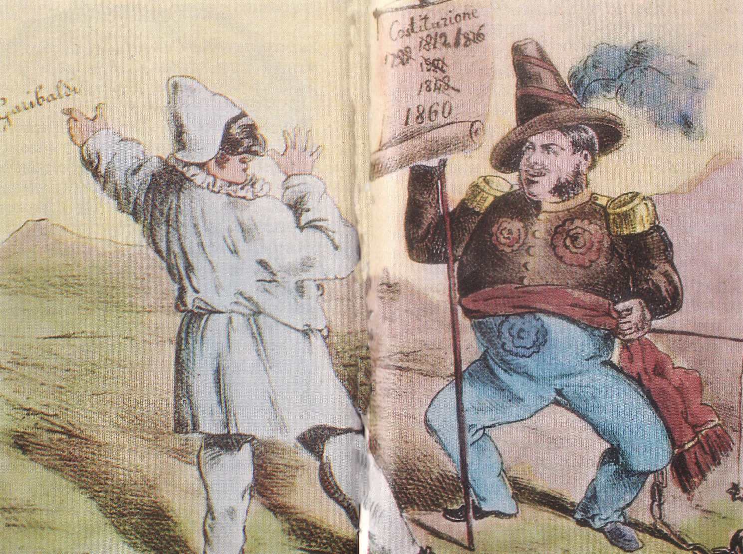 Una vignetta in cui Pulcinella prende in giro il Borbone, dato che sta arrivando Garibaldi  L'entusiasmo per l'Unit svan presto dinanzi ai tanti problemi del Meridione  1860 ca 