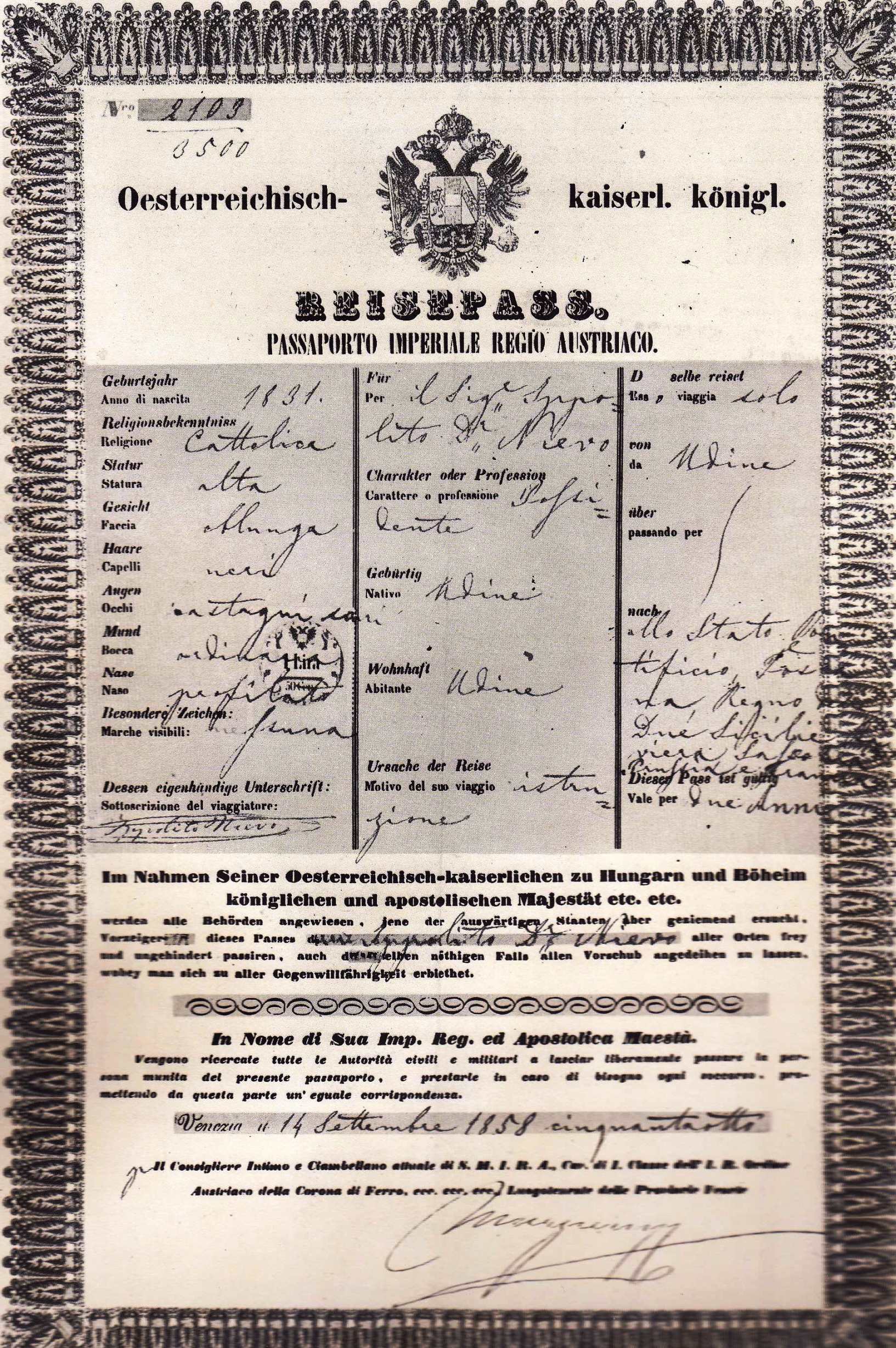 Passaporto di Ippolito Nievo in data 14 settembre 1858 
