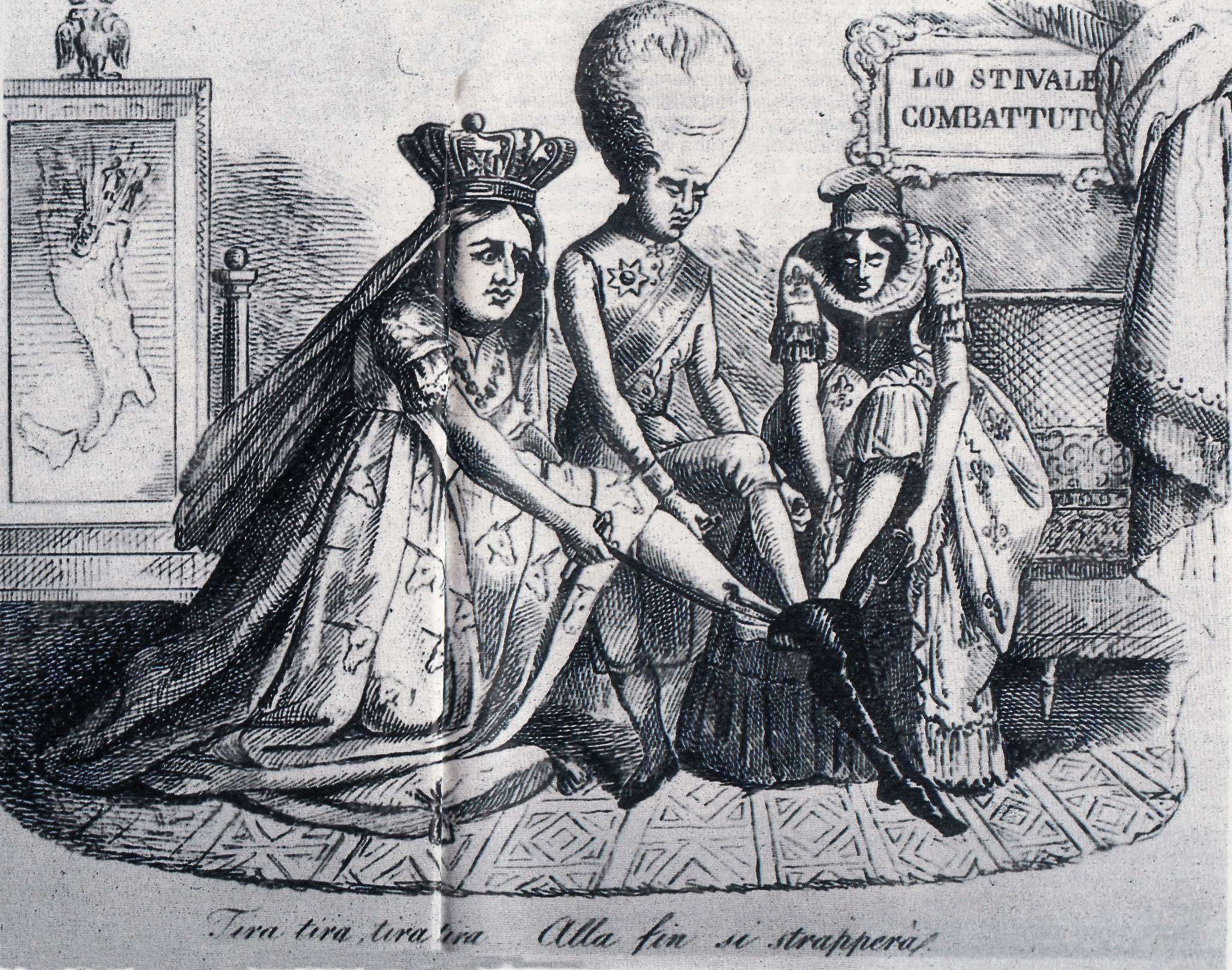 L'Inghilterra e la Francia aiutano l'Austria a calzare lo Stivale, una caricatura sulla situazione politica internazionale nel 1848 