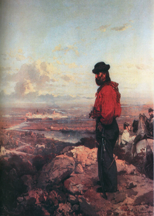 Garibaldi davanti a Capua. Il dipinto raffigura Garibaldi durante la Spedizione dei Mille, alla quale G.  Induno prese parte come pittore ufficiale - 1861